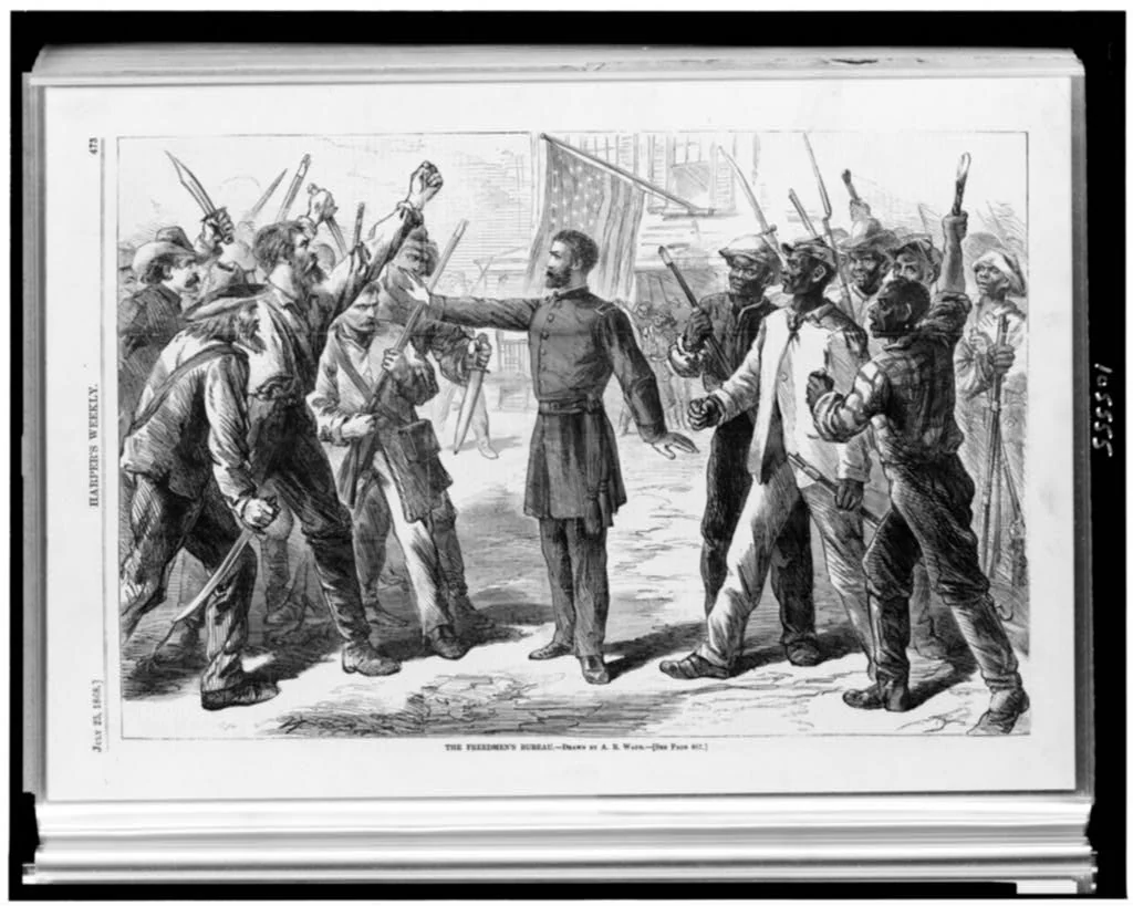 An 1868 engraving shows a Freedmen’s Bureau representative standing between two armed groups.