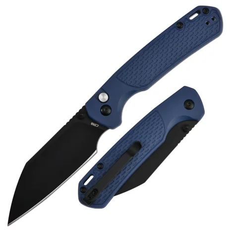 CJRB Pyrite-Light J1945-BBU with blue FRN handle and black PVD blade, open.