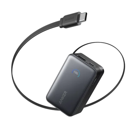 Black Anker Nano A1638 power bank with its retractable USB-C cable extended.
