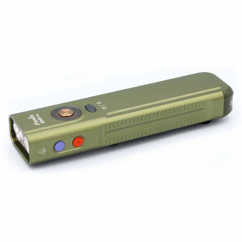 Fenix E06R PRO in OD Green, showing its lens and side controls.